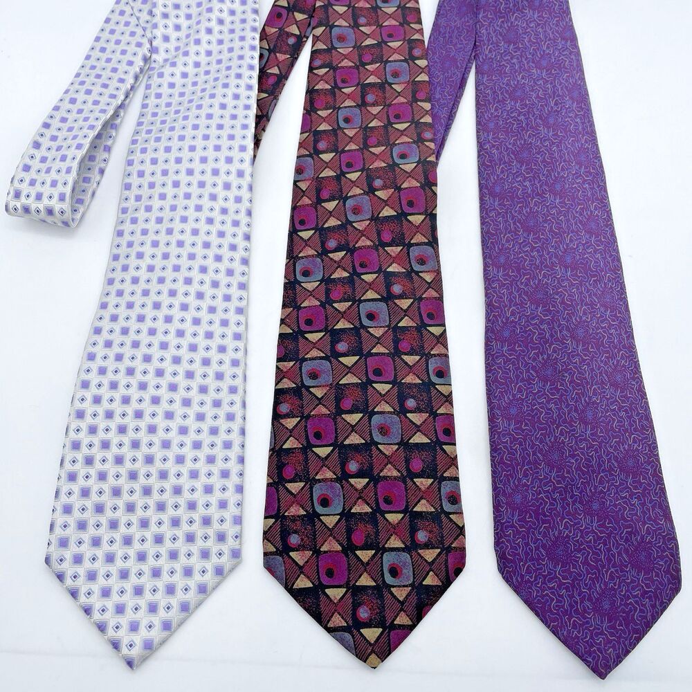 Van Heusen Retro Henry Grethel Silk Neckties Lot of 3 Geometric Abstract Purple